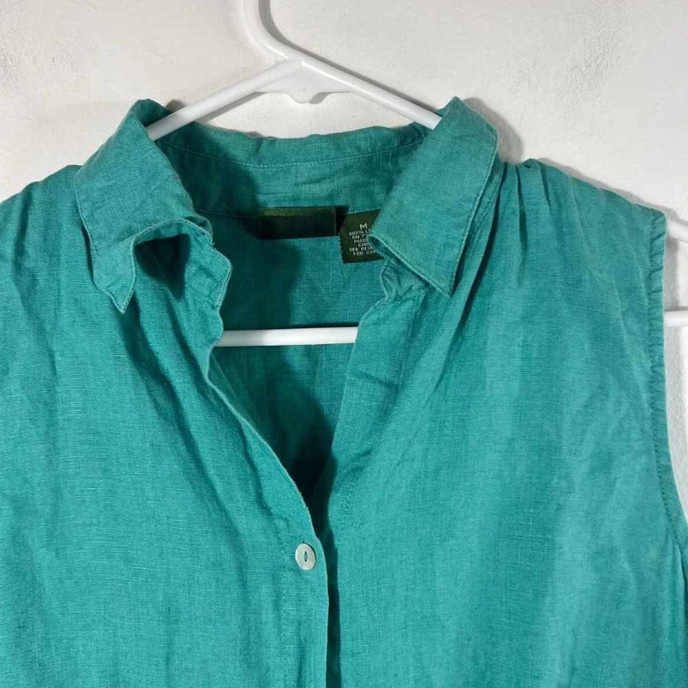Mountain Lake Sleeveless Linen Button Shirt Green M Embroidered Details